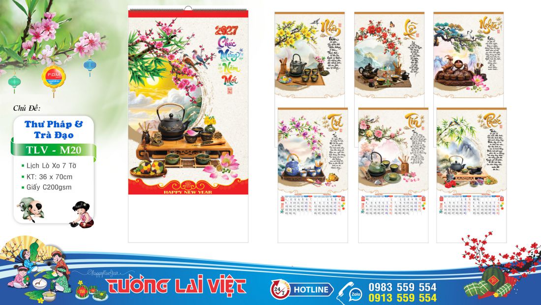 Lịch lo xo 7 tờ Chữ thư pháp