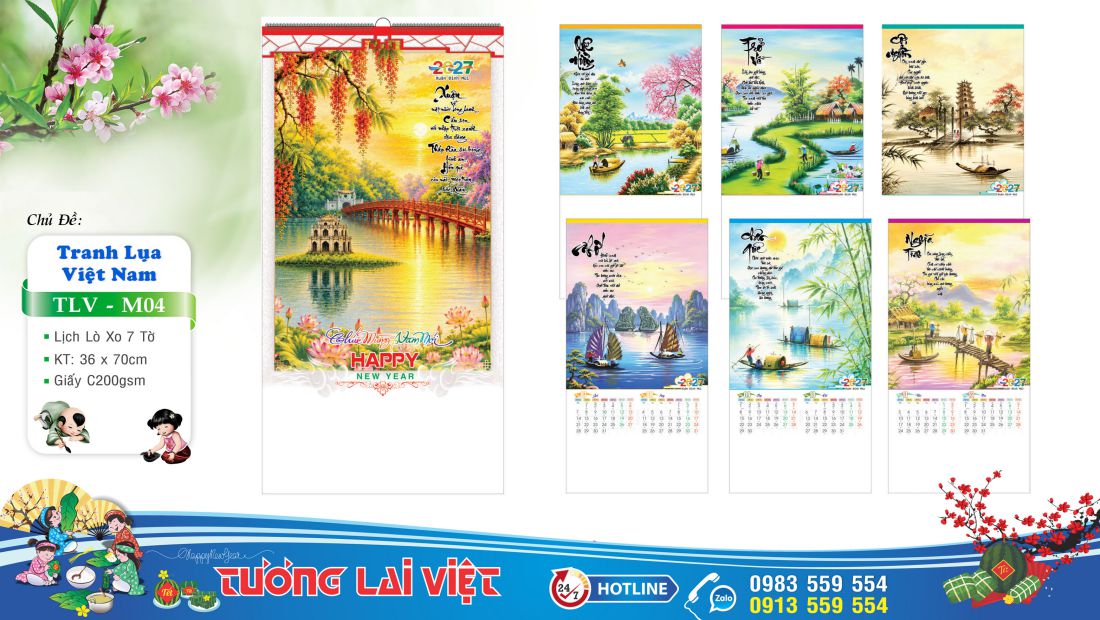 Lịch lo xo 7 tờ Tranh lụa quê hương